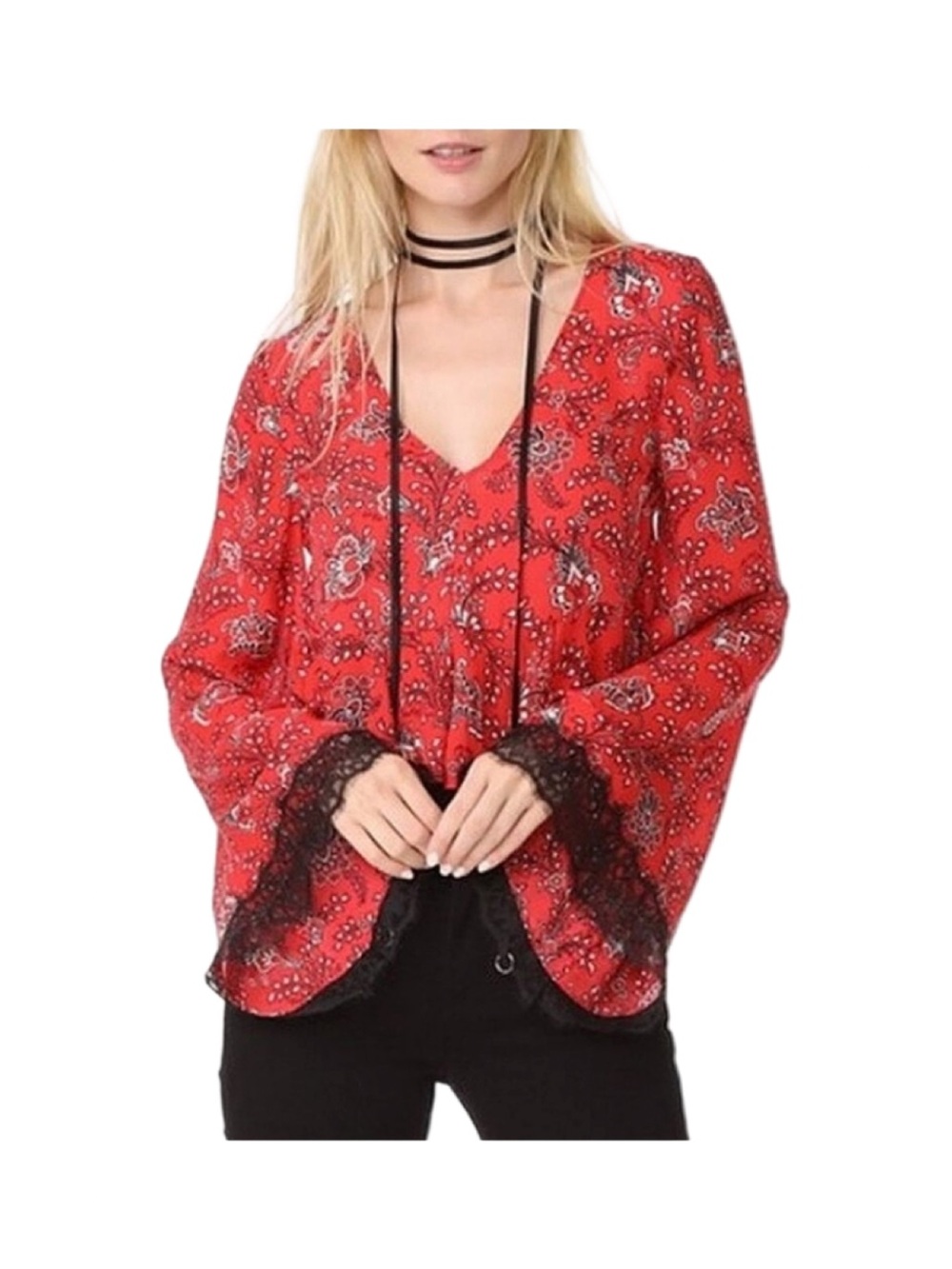 Cinq A Sept Floral Red Peplum w/Bell Sleeve & Black Lace 100% silk- Small
